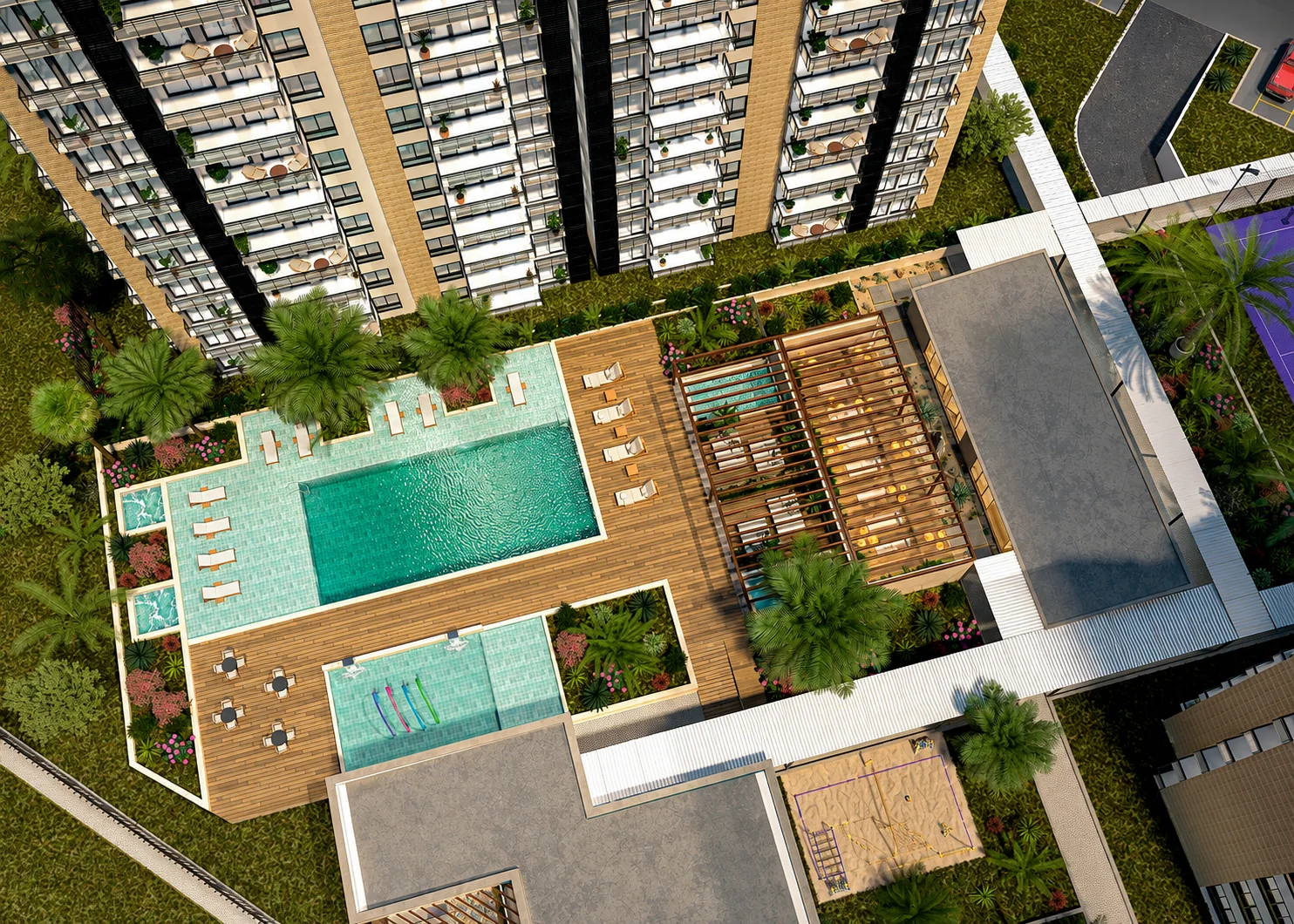 Vista aérea de Cielo Apartamentos: torres, piscinas, deck, pérgolas y cancha de vóley playa