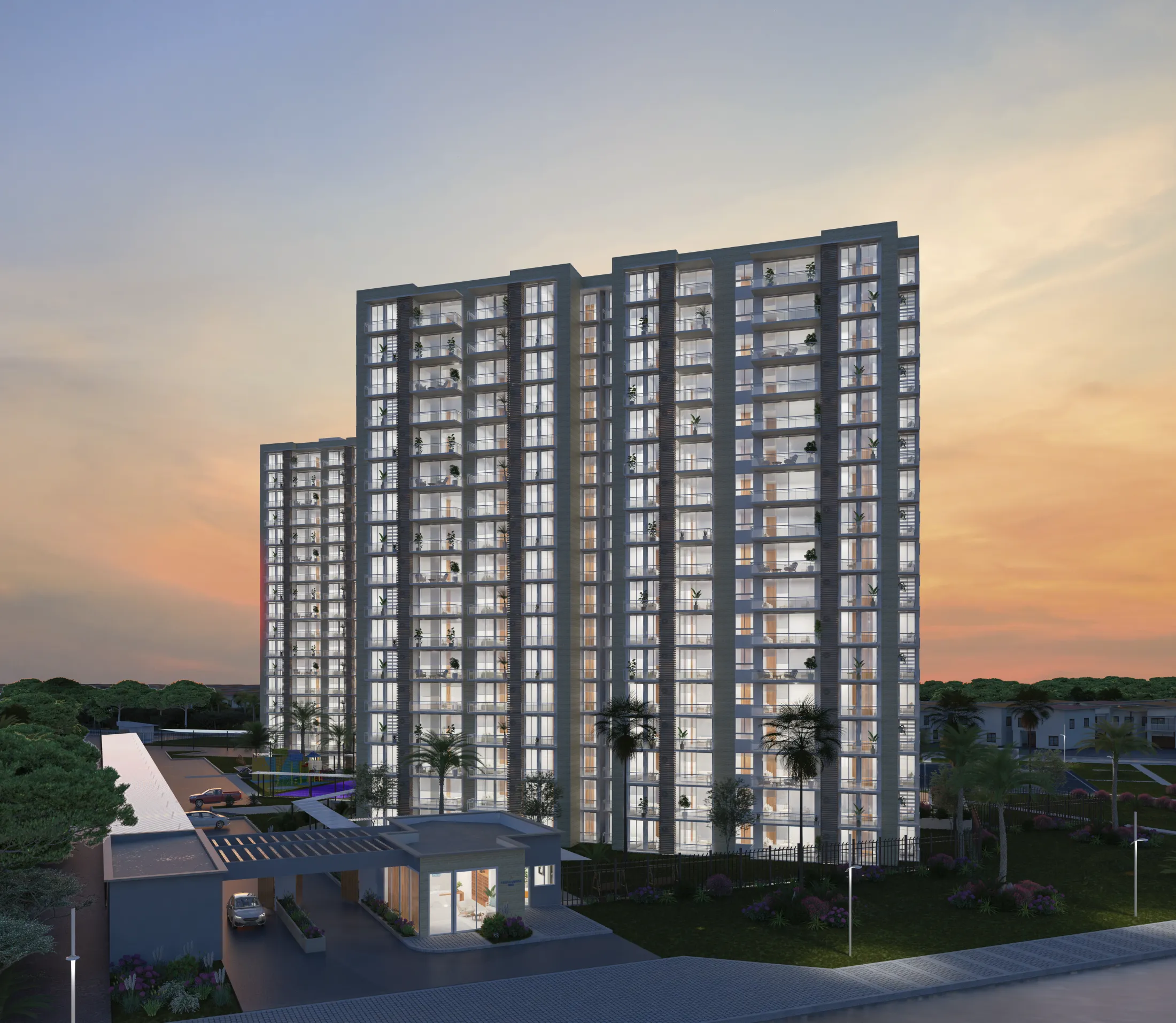 Fachada de Cielo Apartamentos al atardecer sobre el Anillo Vial de Villavicencio