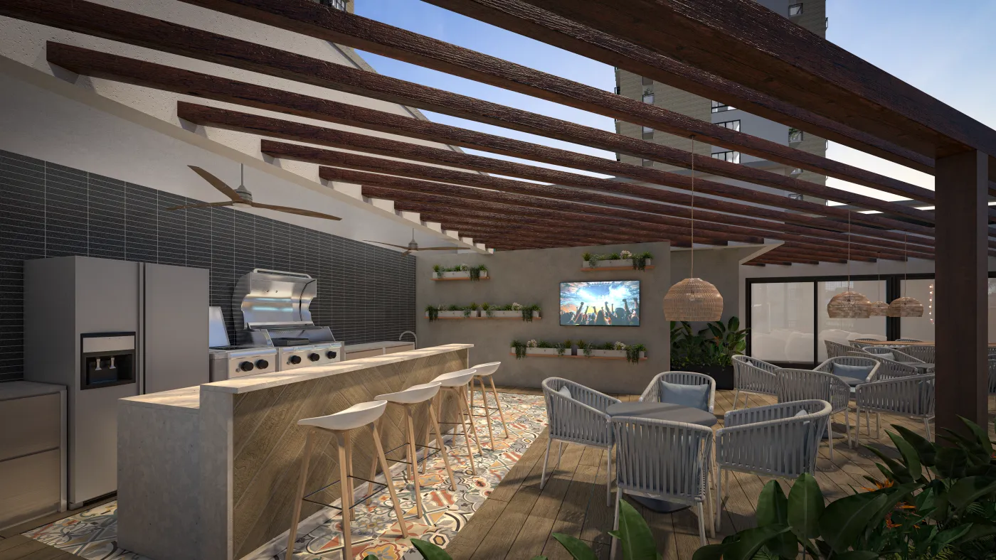Zona BBQ en terraza con pérgolas y parrillas