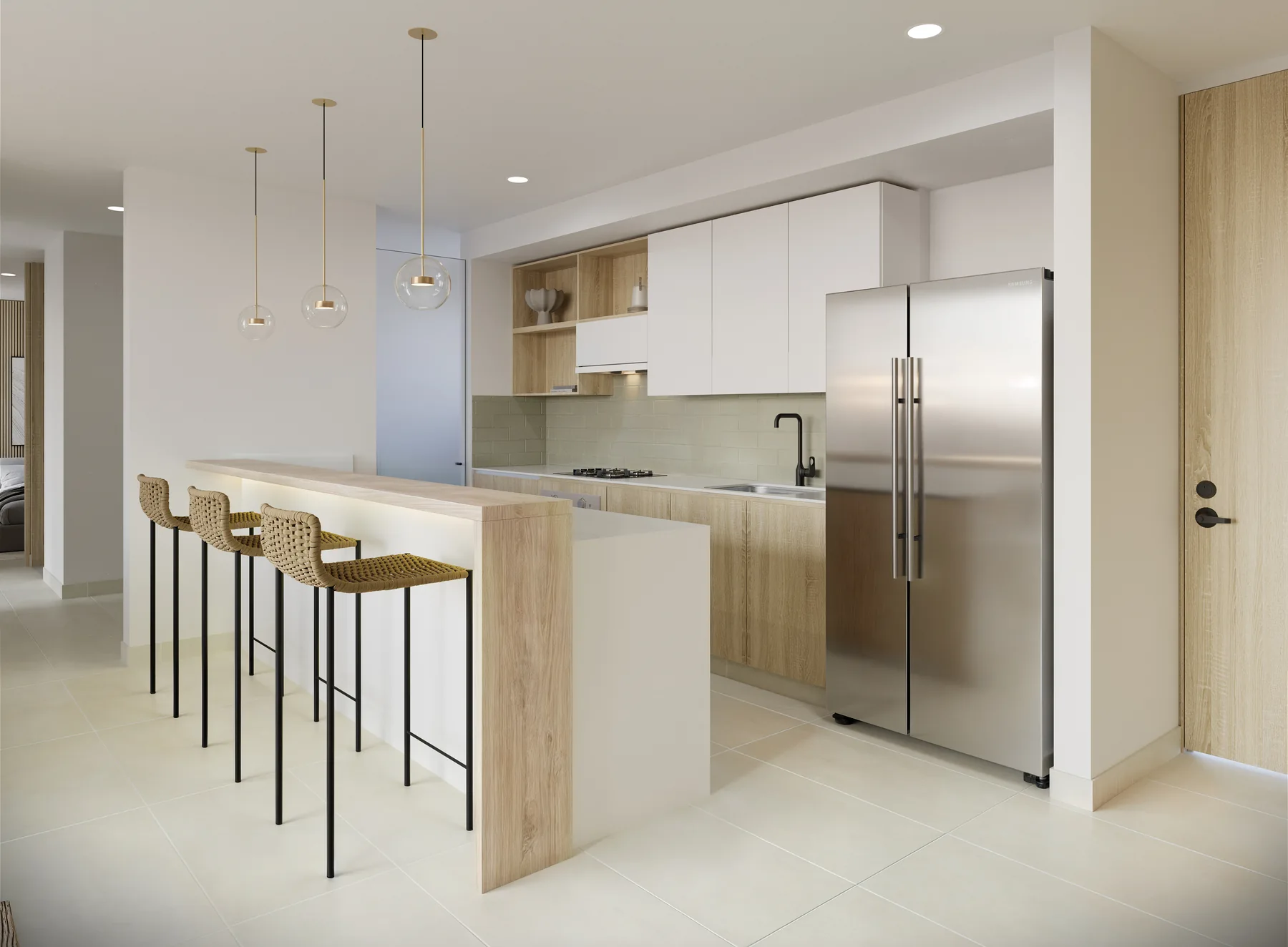 Cocina abierta de un apartamento de Cielo, con barra y acabados en madera