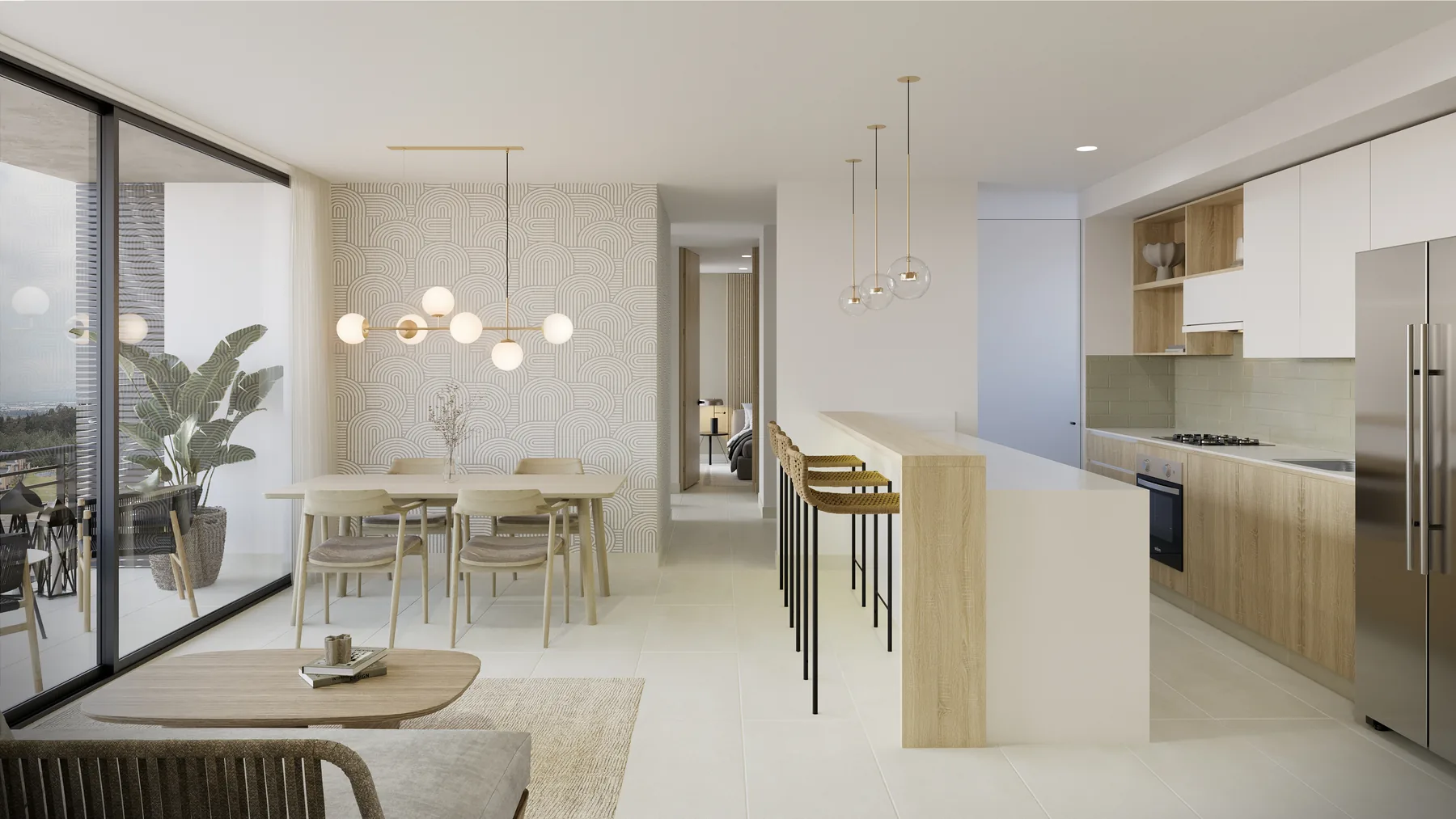 Sala-comedor y cocina abierta de un apartamento de Cielo, con ventanal de piso a techo hacia el balcón