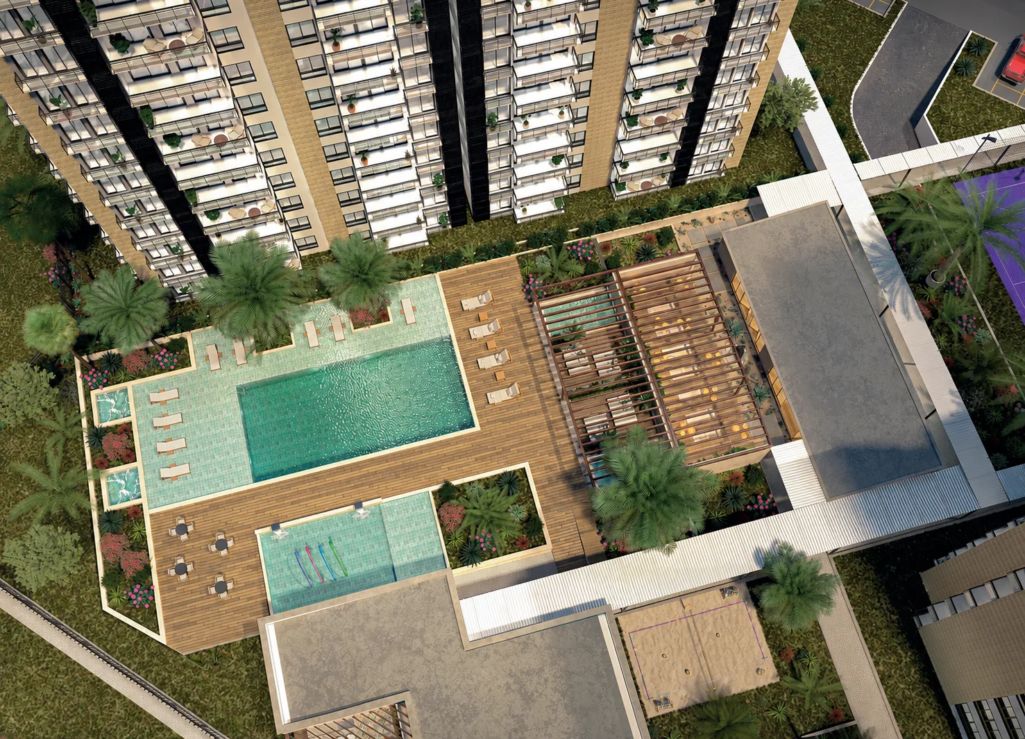 Vista aérea de las zonas húmedas de Cielo, con piscinas, jacuzzis, pérgolas y cancha de vóley playa