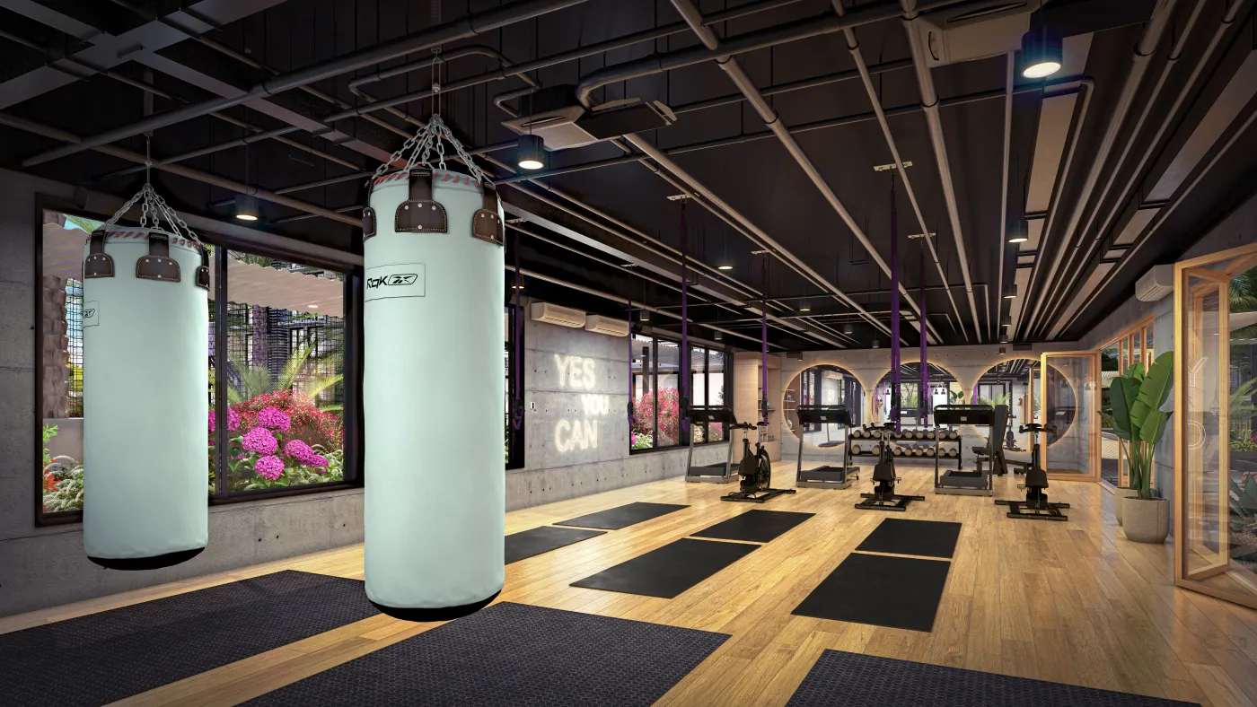 Gimnasio equipado dentro de las zonas sociales de Cielo Apartamentos
