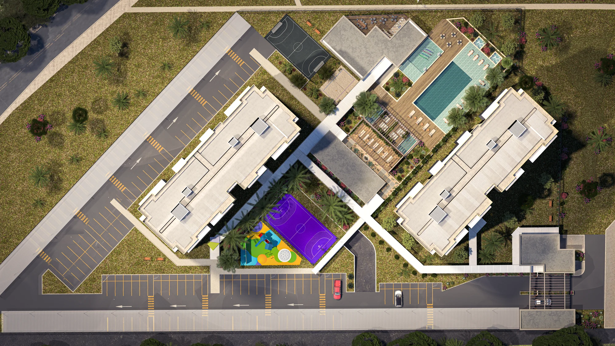 Planta de implantación de Cielo Apartamentos: torres, piscinas, canchas, parque infantil y parqueaderos