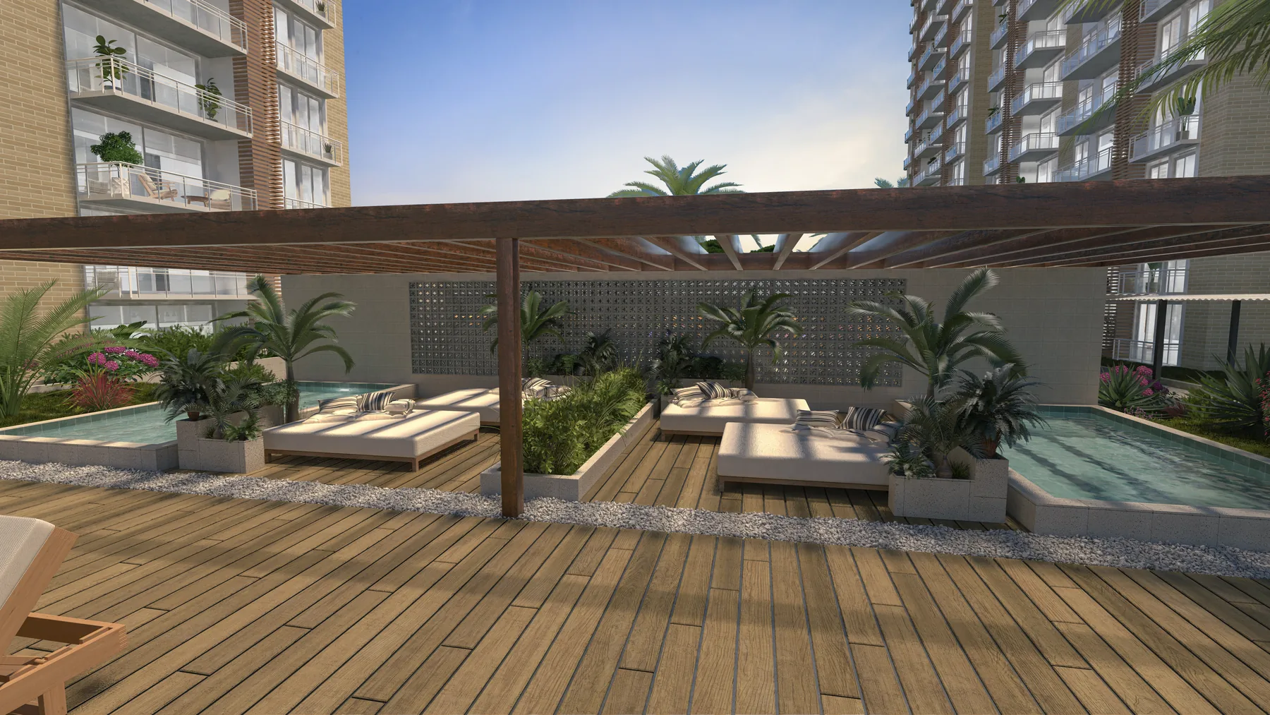 Zona húmeda VIP de Cielo: camastros bajo pérgola de madera, jardineras y piscinas privadas