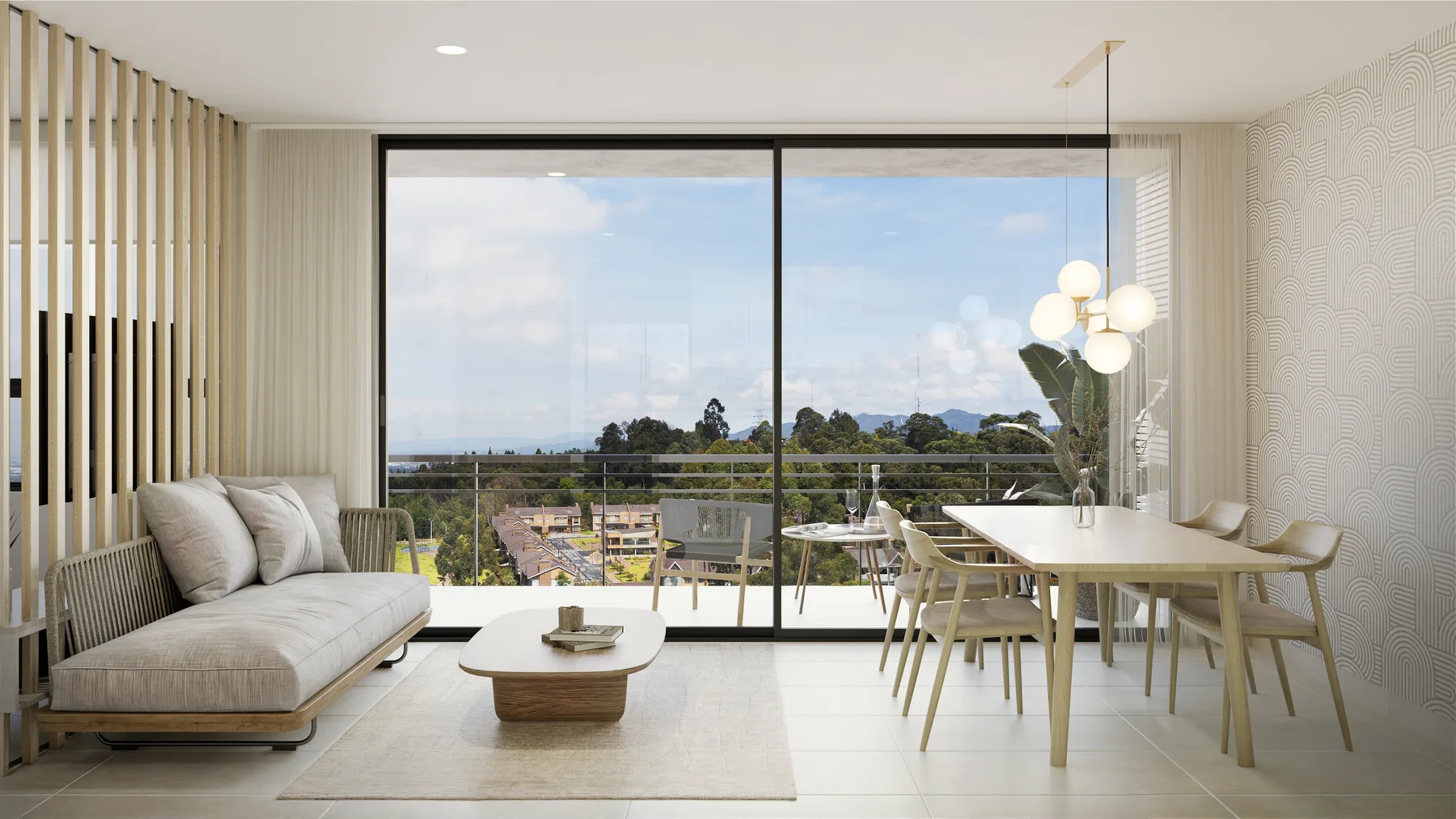 Sala-comedor de un apartamento de Cielo, con ventanal de piso a techo y vista al Llano