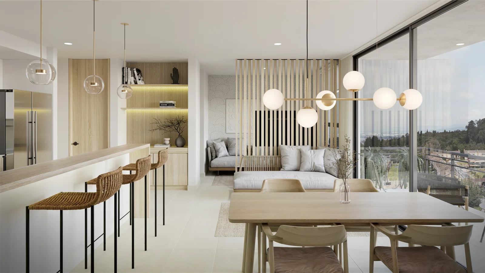 Sala de un apartamento de Cielo, con cocina abierta y ventanal al Llano
