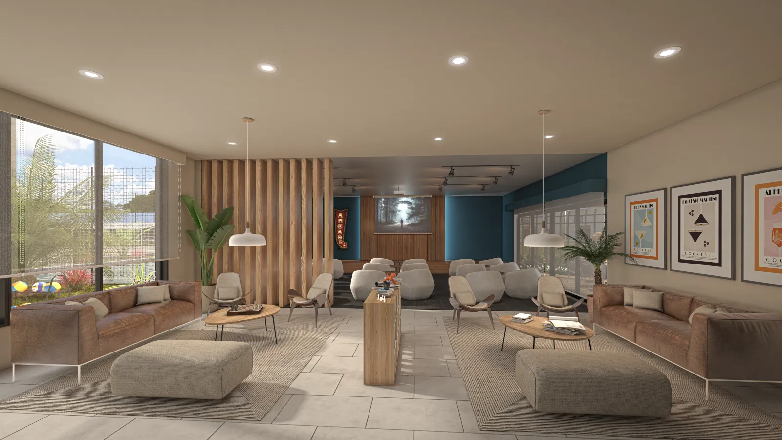 Salón social de Cielo Apartamentos con doble altura y mobiliario contemporáneo