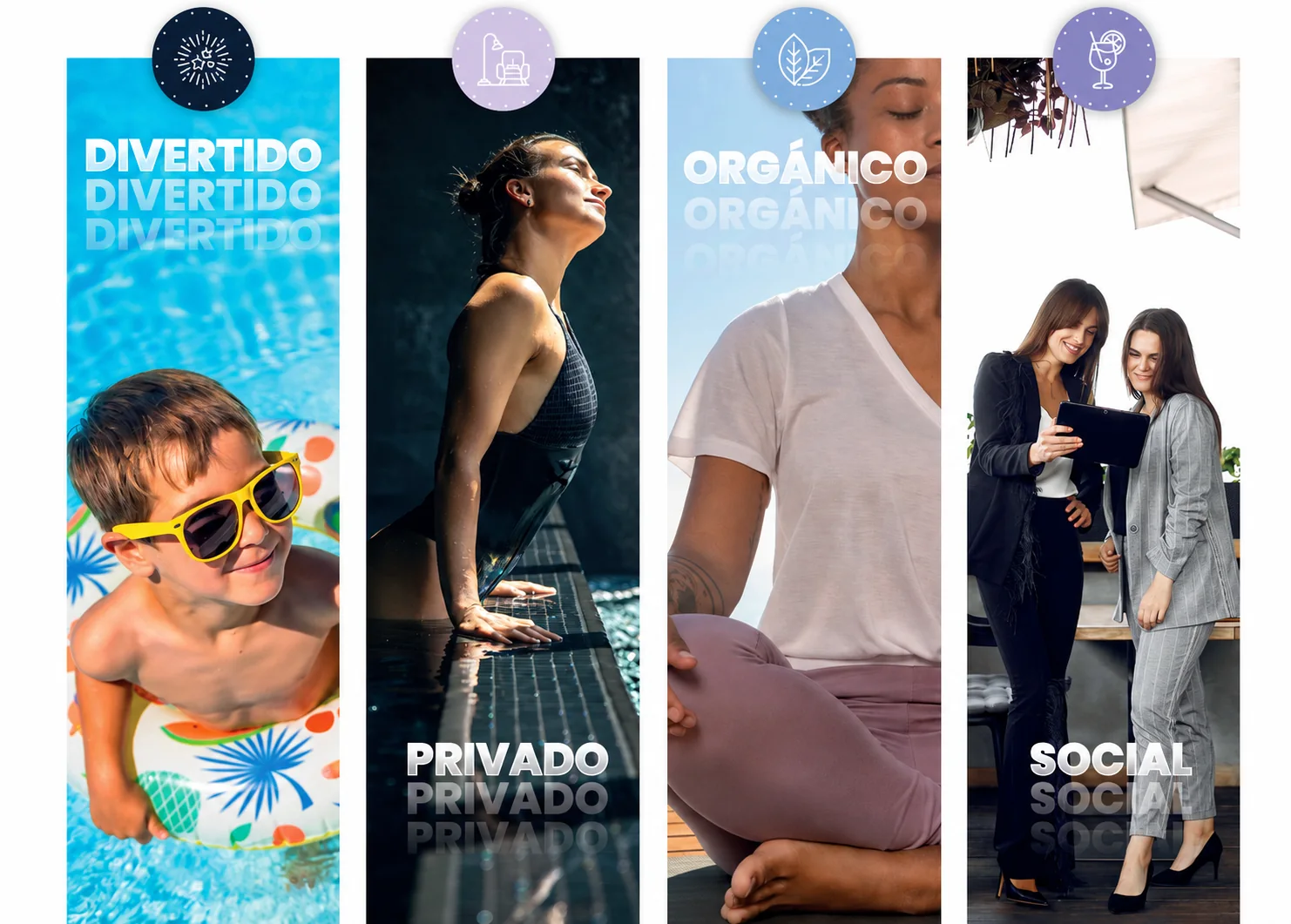 Las zonas sociales de Cielo en cuatro momentos: divertido, privado, orgánico y social
