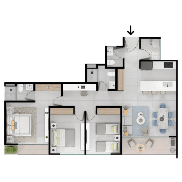 Plano del apartamento de 102 m², tipología M