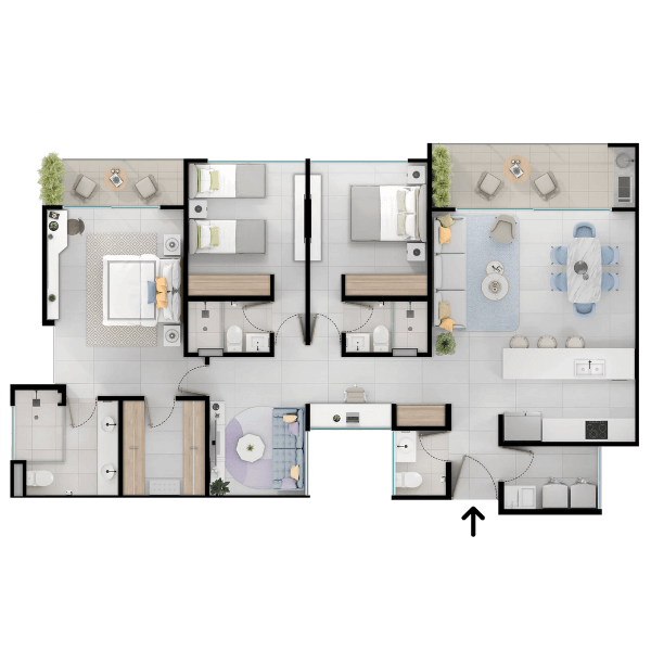 Plano del apartamento de 133 m², tipología L