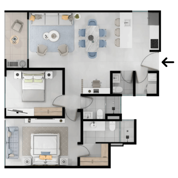 Plano del apartamento de 86 m², tipología S
