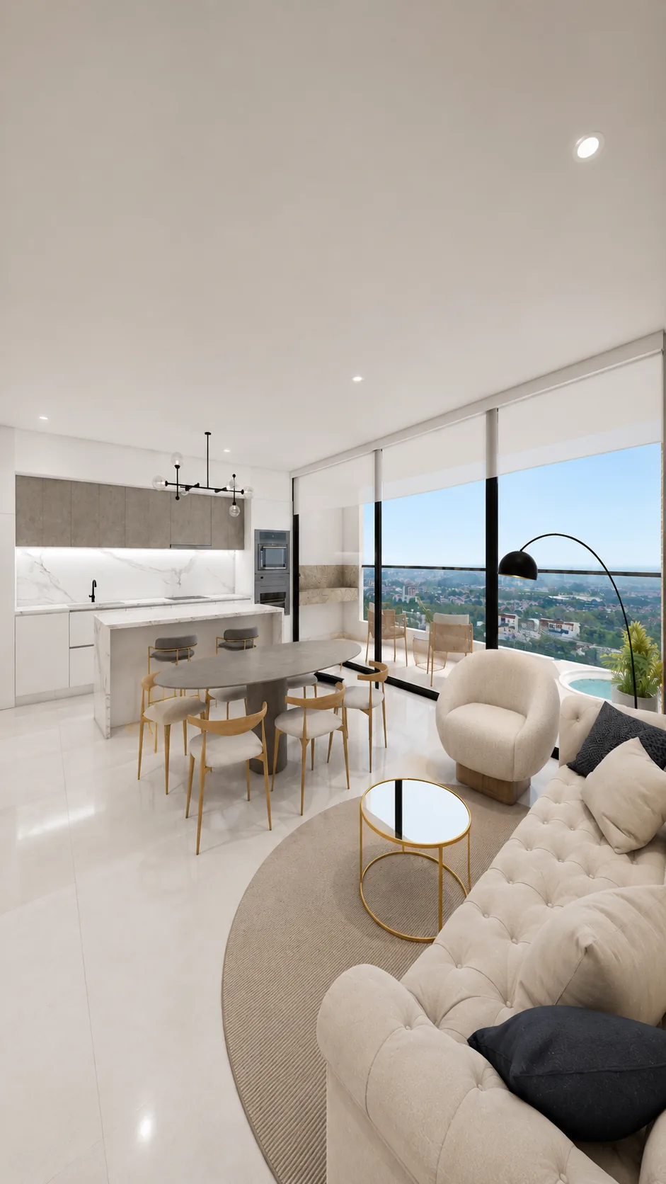 Interior de un apartamento de Element: cocina abierta con isla, comedor y sala con ventanal de piso a techo sobre la ciudad